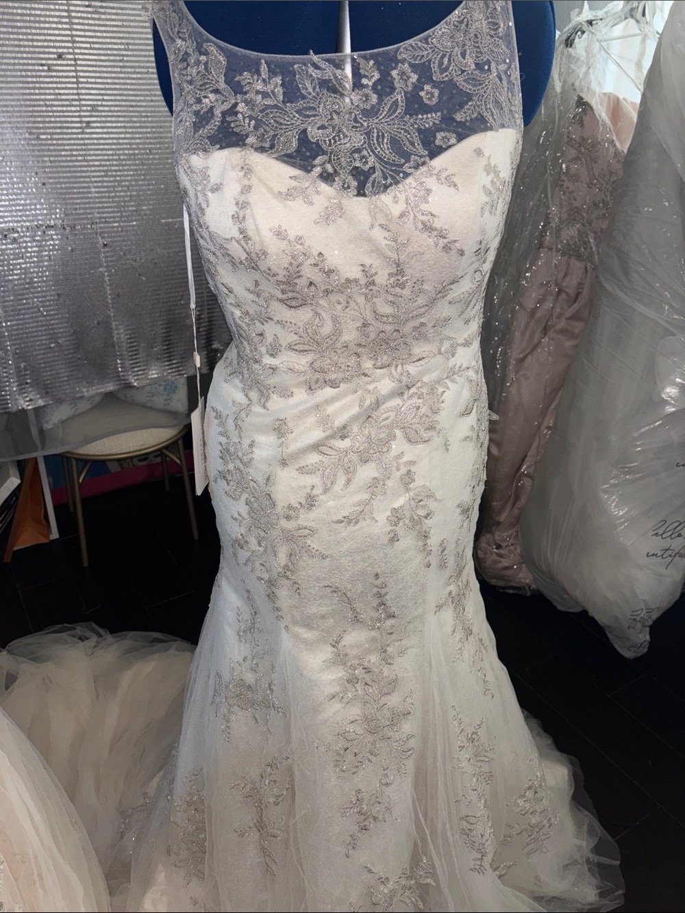 Ivory Lace Appliqué Wedding Gown with Silver Embroidery